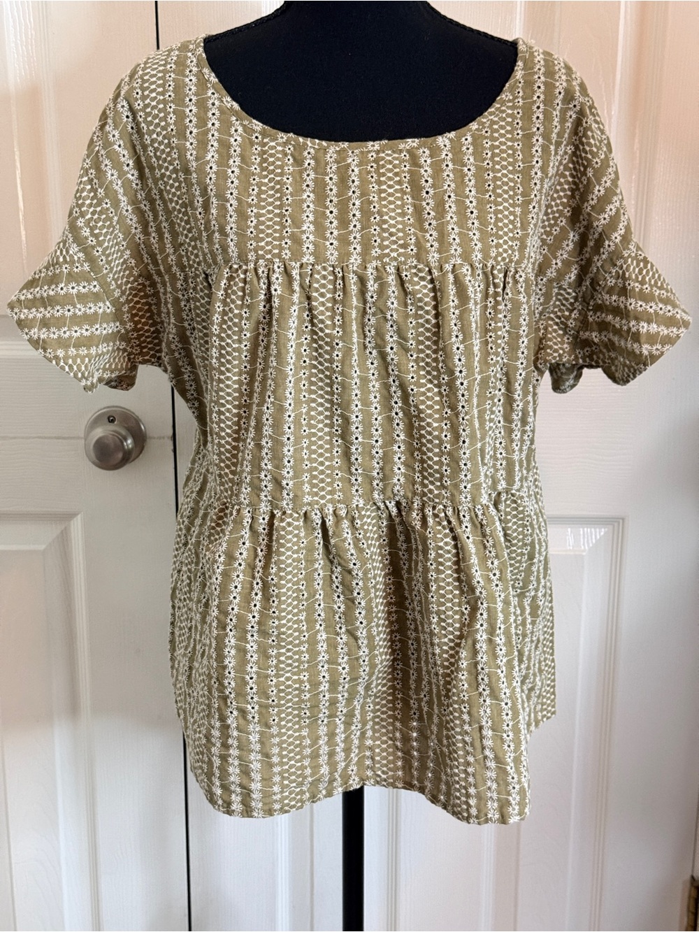 Ivy Jane Olive Green Eyelet Embroidered Babydoll Blouse Top Size L